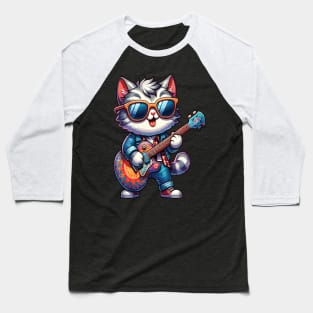 Cool Cat Rock Starguitar-Strumming Feline Design Baseball T-Shirt